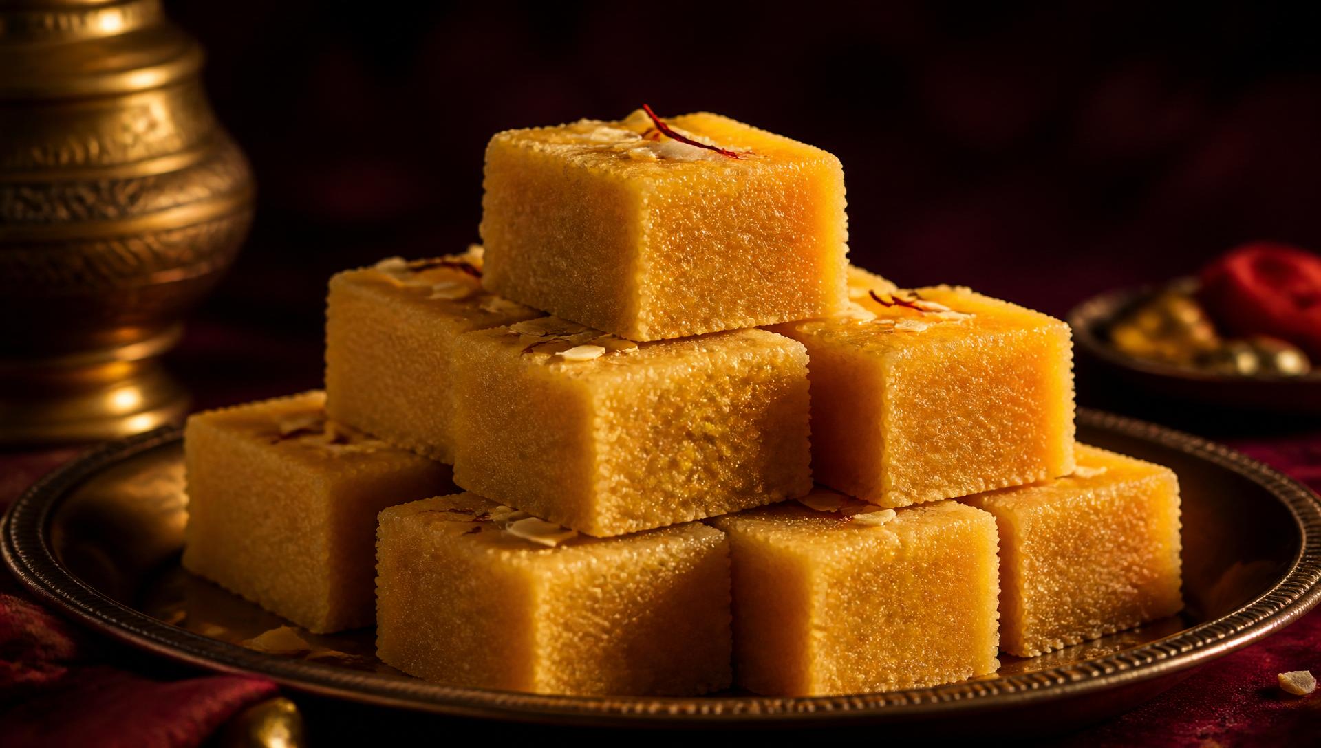 Freshly cut golden Mysore Pak squares on a brass plate